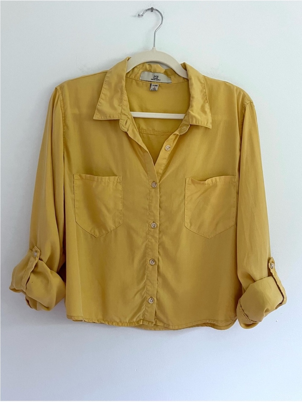 Thread & Supply Yellow Gold Roll Tab Button Up Cropped Top Minimalist Fall XL